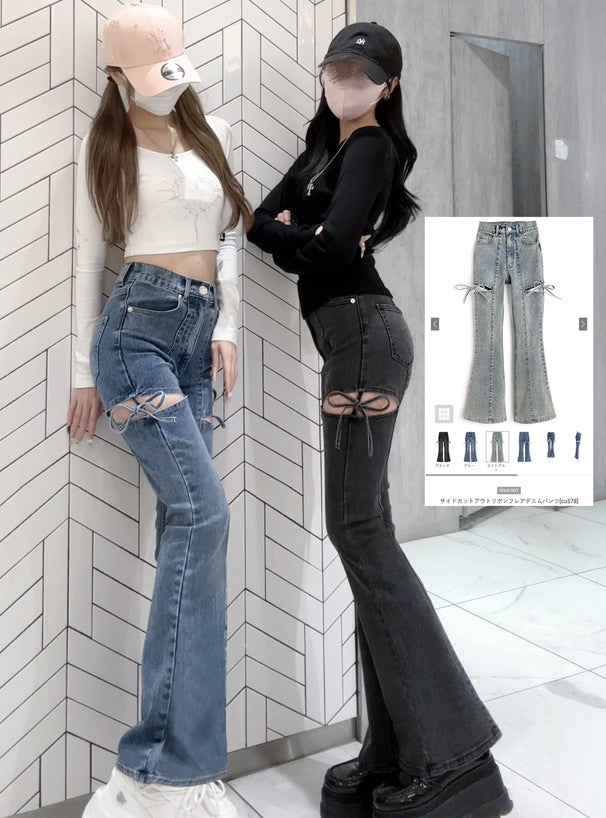 Side Cutout Ribbon Flared Jeans 側鏤空蝴蝶結喇叭牛仔褲 [cu578] 1