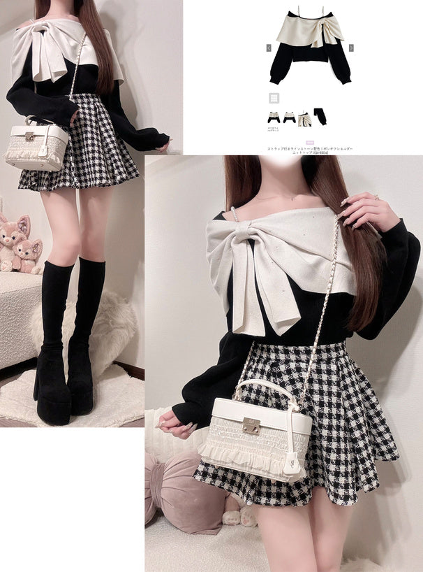 Rhinestone Bow Off-Shoulder Knit Top 水鑽蝴蝶結露肩針織上衣 [dr850a] 1