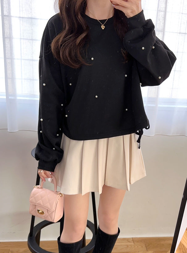 Pearl Detail Side Drawstring Sweatshirt Top 珍珠側抽繩衛衣上衣 [fu75] 1