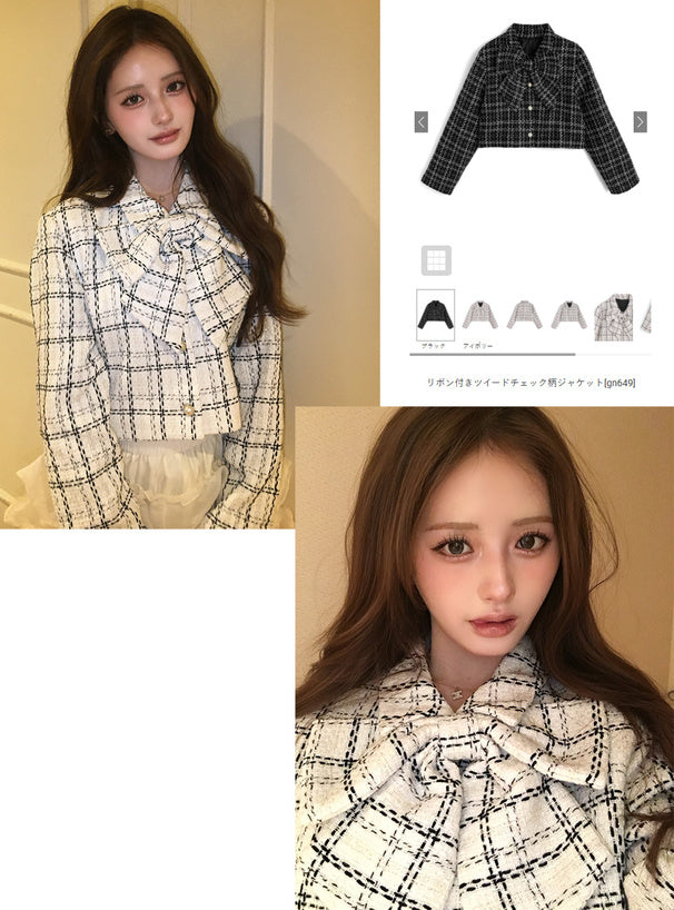 GRL gn649 Bow Tweed Check Jacket 蝴蝶結格紋斜紋軟呢風外套 1