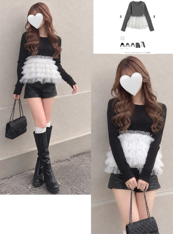 Tulle Peplum Knit Top 薄紗拼接荷葉襬針織上衣 [lt198] – 1