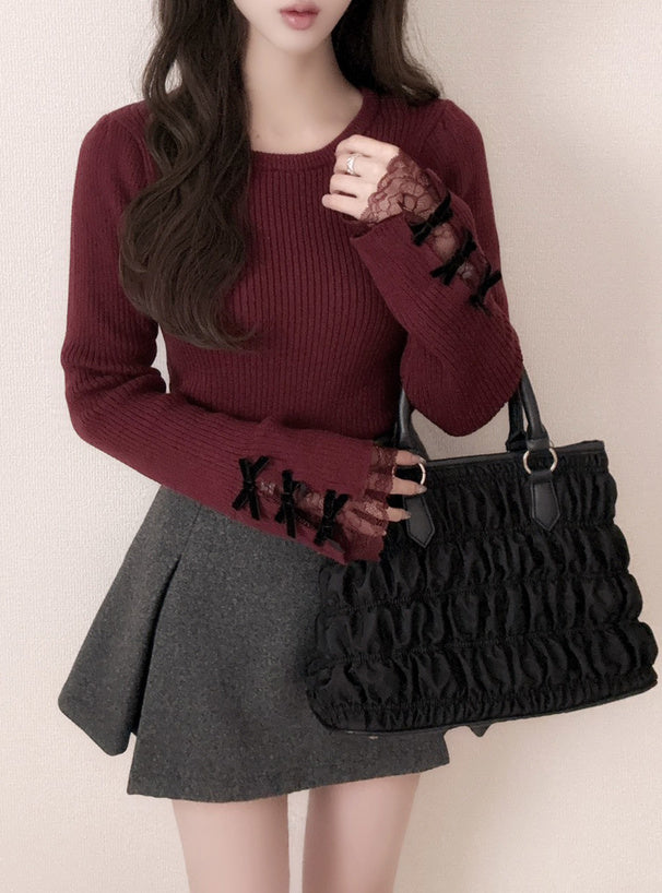 Ribbon Lace Rib Knit Top 蝴蝶結蕾絲羅紋針織上衣 [pm791a] — 1