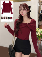 pm830 Bow and Rhinestone Off-Shoulder Rib Knit Top 蝴蝶結水鑽露肩羅紋針織上衣 — 1