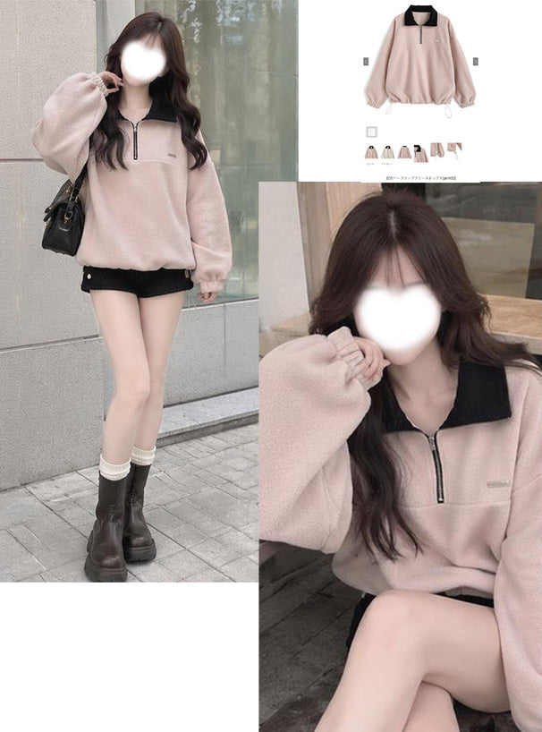 Contrast Half-Zip Fleece Top 撞色半拉鍊刷毛上衣 [pm932] — 1