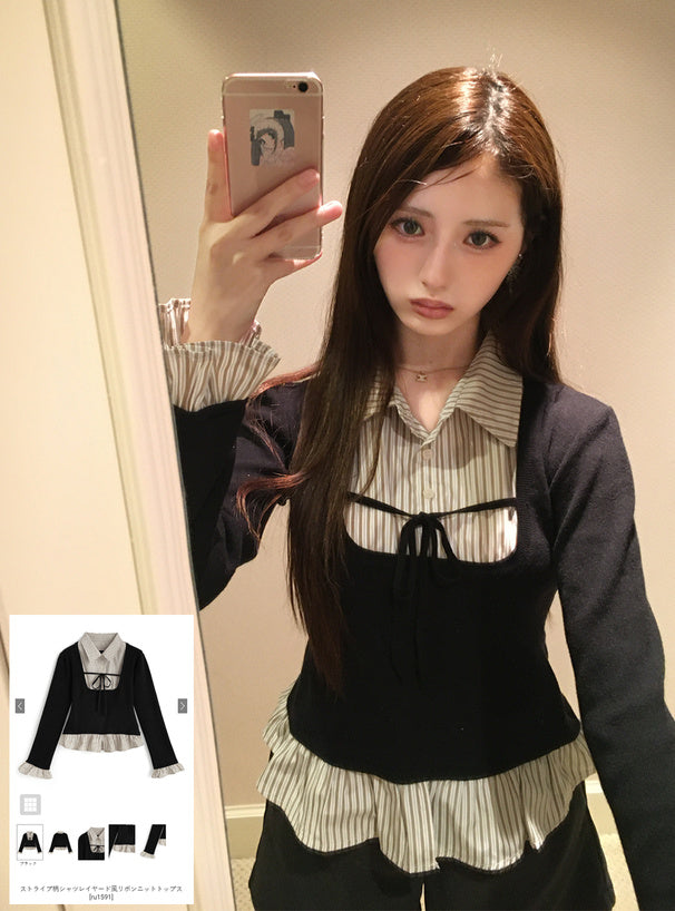 Striped Shirt Layered Ribbon Knit Top 條紋襯衫假兩件蝴蝶結針織上衣 [ru1591] 1