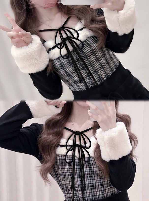 GRL ru1815 layered-look faux-fur trim top — image 1