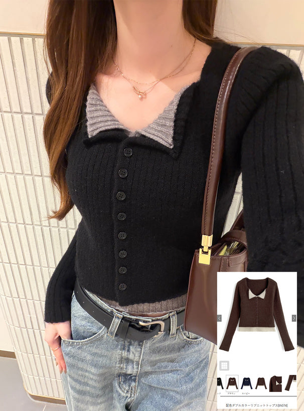 Contrast Double Collar Rib Knit Top 撞色雙層領羅紋針織上衣 [th074] — image 1