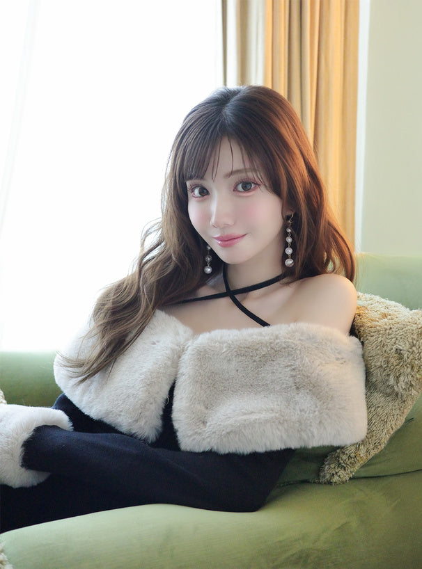 Faux Fur Trim Off-Shoulder Mermaid Knit Dress 仿毛皮拼接露肩魚尾針織連身裙 [ru1850] — 2