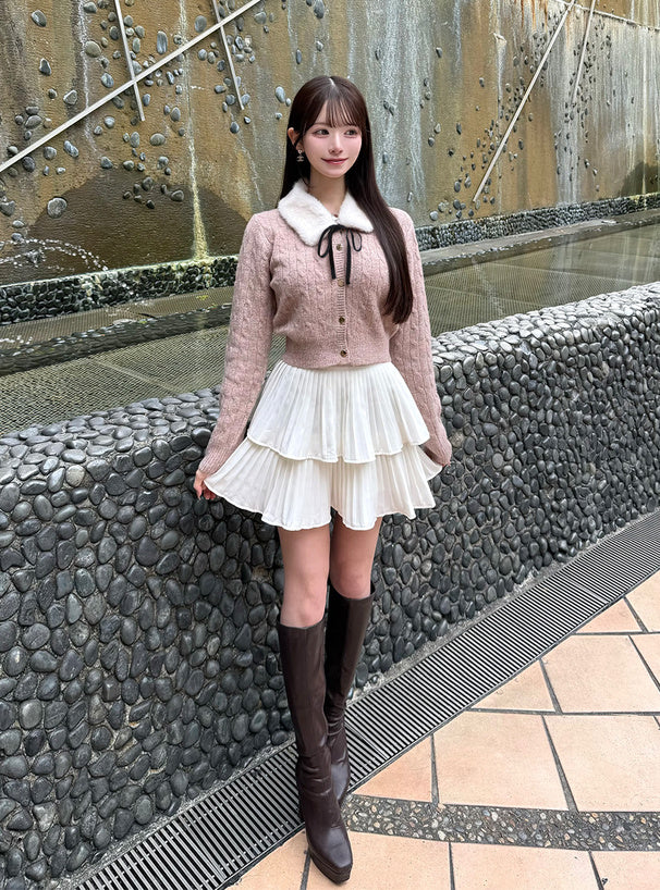 GRL cc130 cable knit cardigan with detachable faux fur tippet 附可拆式仿皮草領巾麻花針織開襟衫 — 2