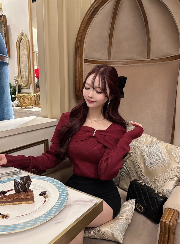 pm830 Bow and Rhinestone Off-Shoulder Rib Knit Top 蝴蝶結水鑽露肩羅紋針織上衣 — 2