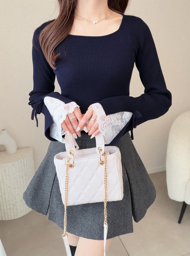 Lace Cuff Bow Square Neck Rib Knit Top ru2003 – image 2