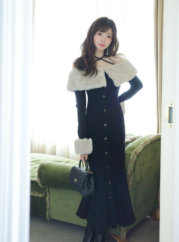 Faux Fur Trim Off-Shoulder Mermaid Knit Dress 仿毛皮拼接露肩魚尾針織連身裙 [ru1850] — 3