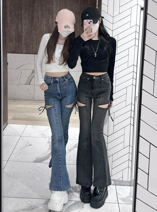 Side Cutout Ribbon Flared Jeans 側鏤空蝴蝶結喇叭牛仔褲 [cu578] 3