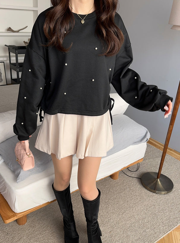 Pearl Detail Side Drawstring Sweatshirt Top 珍珠側抽繩衛衣上衣 [fu75] 3