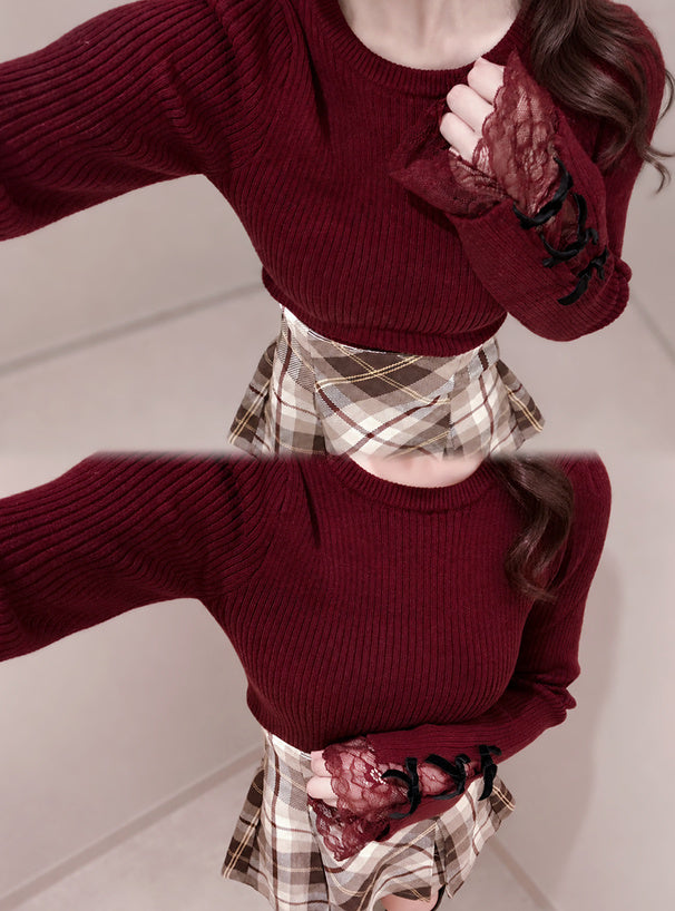 Ribbon Lace Rib Knit Top 蝴蝶結蕾絲羅紋針織上衣 [pm791a] — 3