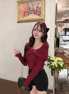 pm830 Bow and Rhinestone Off-Shoulder Rib Knit Top 蝴蝶結水鑽露肩羅紋針織上衣 — 3