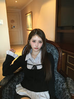 Striped Shirt Layered Ribbon Knit Top 條紋襯衫假兩件蝴蝶結針織上衣 [ru1591] 3