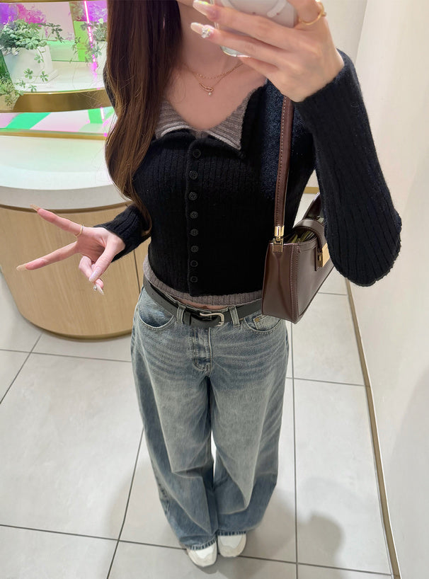 Contrast Double Collar Rib Knit Top 撞色雙層領羅紋針織上衣 [th074] — image 3