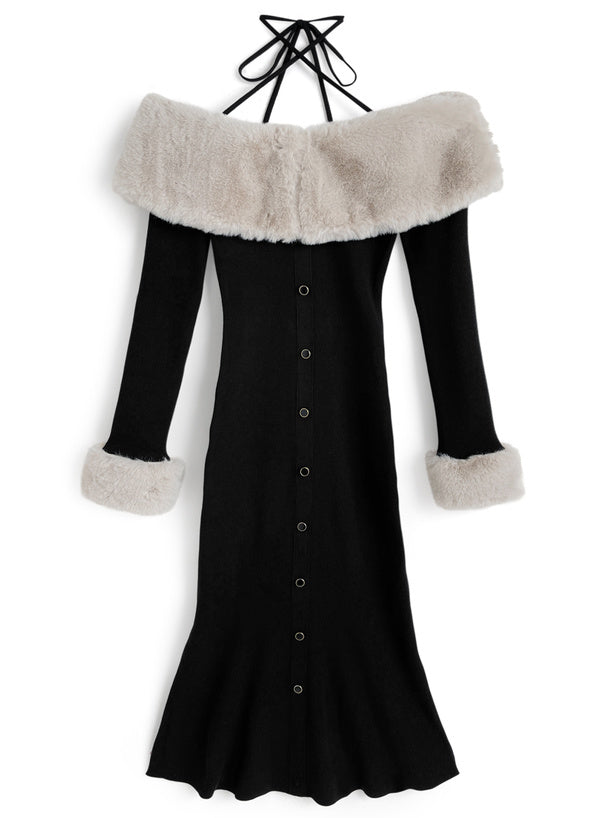 Faux Fur Trim Off-Shoulder Mermaid Knit Dress 仿毛皮拼接露肩魚尾針織連身裙 [ru1850] — 4