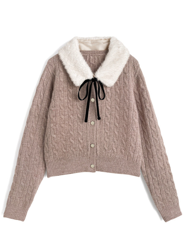 GRL cc130 cable knit cardigan with detachable faux fur tippet 附可拆式仿皮草領巾麻花針織開襟衫 — 4