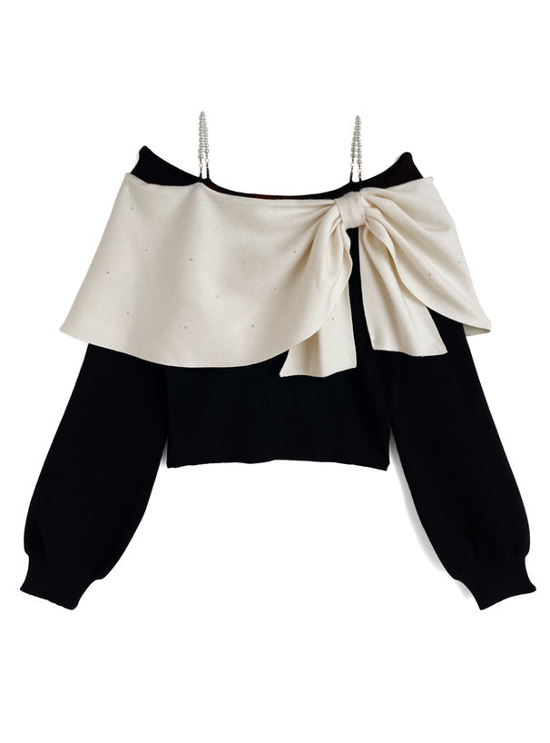 Rhinestone Bow Off-Shoulder Knit Top 水鑽蝴蝶結露肩針織上衣 [dr850a] 4
