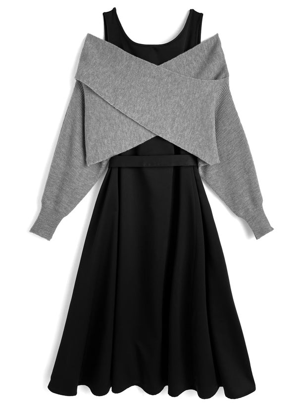 GRL dr883 cross rib knit top and sleeveless flared dress set / 交叉羅紋針織上衣與無袖傘襬洋裝套裝