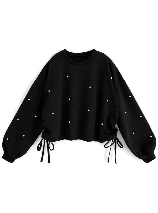 Pearl Detail Side Drawstring Sweatshirt Top 珍珠側抽繩衛衣上衣 [fu75] 4