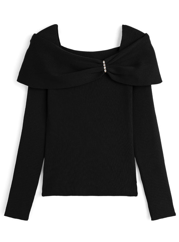 pm830 Bow and Rhinestone Off-Shoulder Rib Knit Top 蝴蝶結水鑽露肩羅紋針織上衣 — 4