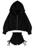 Double-Zip Hoodie and Drawstring Shorts Set 雙向拉鍊連帽上衣抽繩短褲套裝 [ru1543]