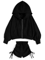 Double-Zip Hoodie and Drawstring Shorts Set 雙向拉鍊連帽上衣抽繩短褲套裝 [ru1543]