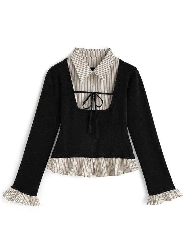 Striped Shirt Layered Ribbon Knit Top 條紋襯衫假兩件蝴蝶結針織上衣 [ru1591] 4