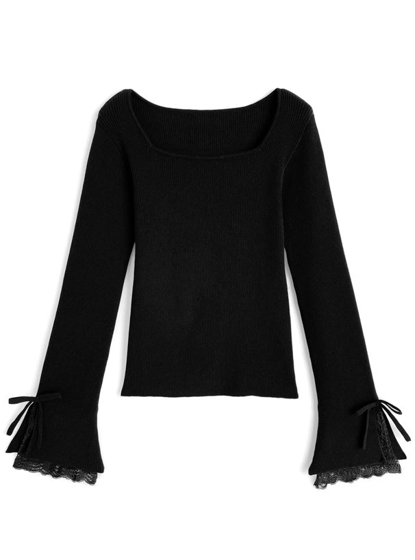Lace Cuff Bow Square Neck Rib Knit Top ru2003 – image 4