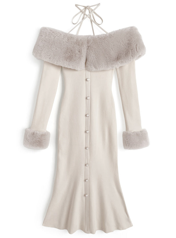 Faux Fur Trim Off-Shoulder Mermaid Knit Dress 仿毛皮拼接露肩魚尾針織連身裙 [ru1850] — 5