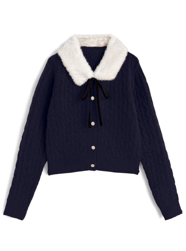 GRL cc130 cable knit cardigan with detachable faux fur tippet 附可拆式仿皮草領巾麻花針織開襟衫 — 5