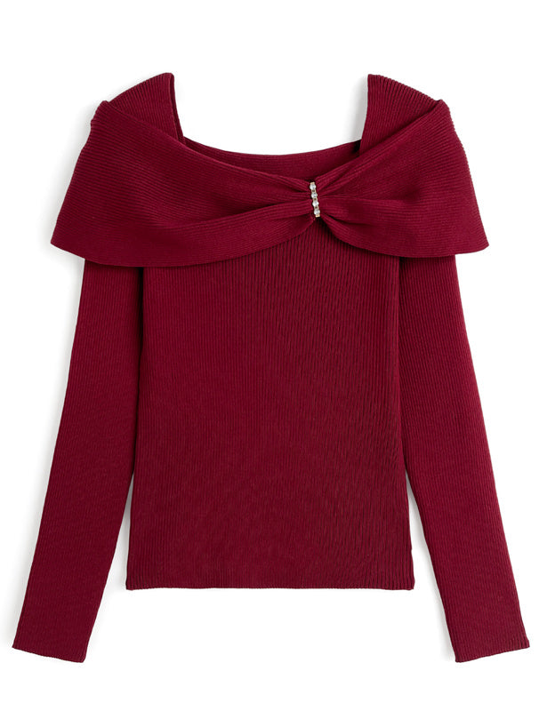 pm830 Bow and Rhinestone Off-Shoulder Rib Knit Top 蝴蝶結水鑽露肩羅紋針織上衣 — 5