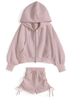 Double-Zip Hoodie and Drawstring Shorts Set 雙向拉鍊連帽上衣抽繩短褲套裝 [ru1543]