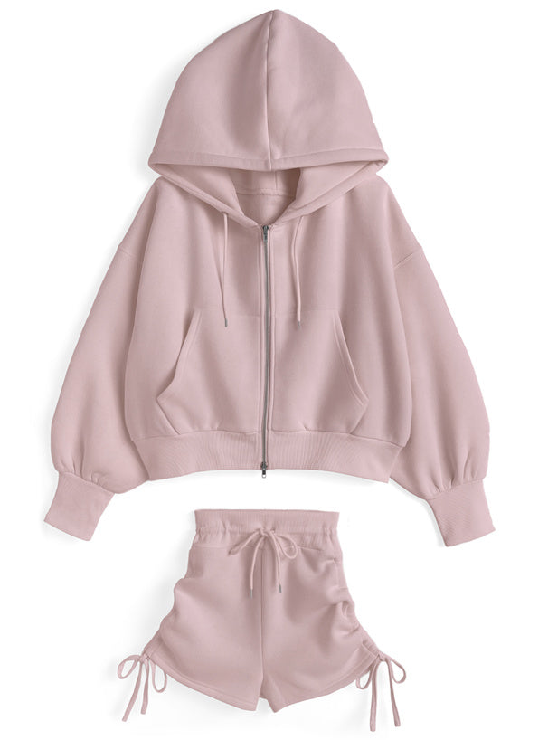 Double-Zip Hoodie and Drawstring Shorts Set 雙向拉鍊連帽上衣抽繩短褲套裝 [ru1543]