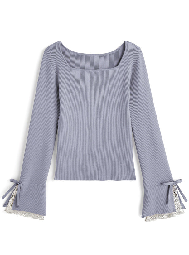 Lace Cuff Bow Square Neck Rib Knit Top ru2003 – image 5