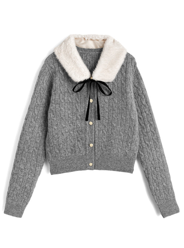 GRL cc130 cable knit cardigan with detachable faux fur tippet 附可拆式仿皮草領巾麻花針織開襟衫 — 6