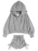 Double-Zip Hoodie and Drawstring Shorts Set 雙向拉鍊連帽上衣抽繩短褲套裝 [ru1543]