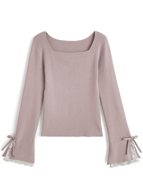 Lace Cuff Bow Square Neck Rib Knit Top ru2003 – image 6