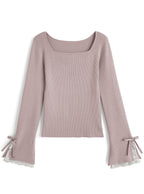 Lace Cuff Bow Square Neck Rib Knit Top ru2003 – image 6