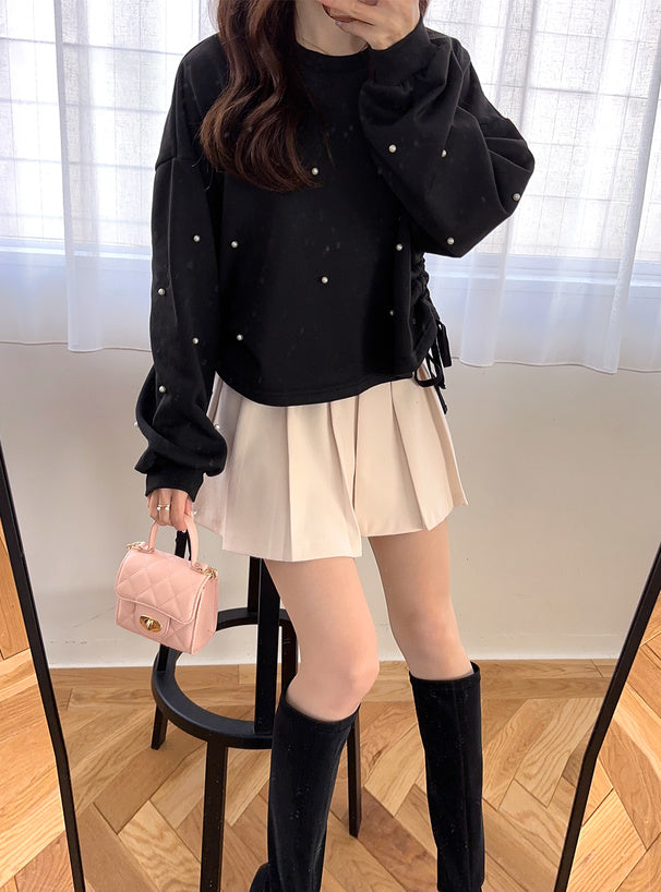 Pearl Detail Side Drawstring Sweatshirt Top 珍珠側抽繩衛衣上衣 [fu75] 7