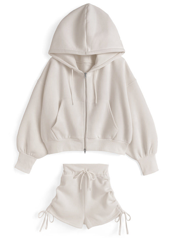 Double-Zip Hoodie and Drawstring Shorts Set 雙向拉鍊連帽上衣抽繩短褲套裝 [ru1543]