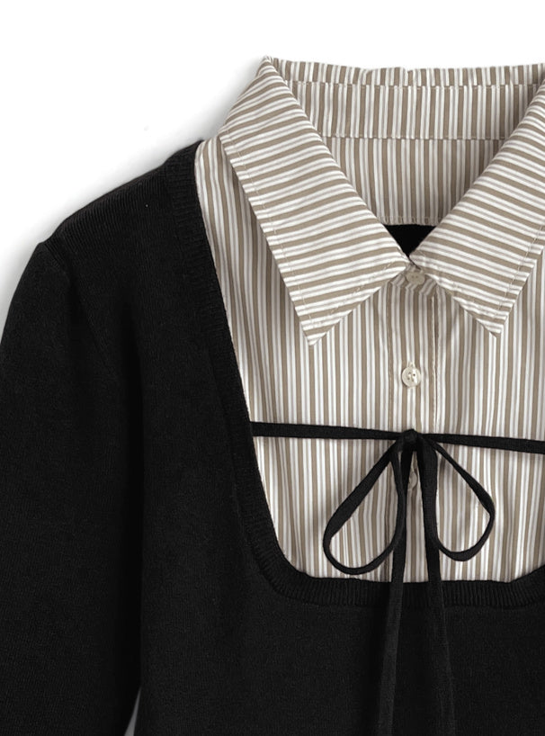 Striped Shirt Layered-Look Ribbon Knit Top 條紋襯衫假兩件蝴蝶結針織上衣 [ru1591] 7
