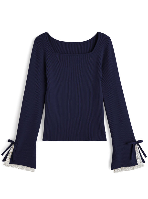 Lace Cuff Bow Square Neck Rib Knit Top ru2003 – image 7