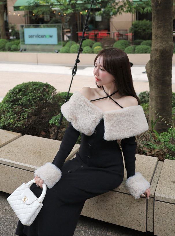 Faux Fur Trim Off-Shoulder Mermaid Knit Dress 仿毛皮拼接露肩魚尾針織連身裙 [ru1850] — 8
