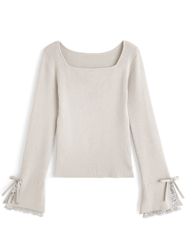 Lace Cuff Bow Square Neck Rib Knit Top ru2003 – image 8