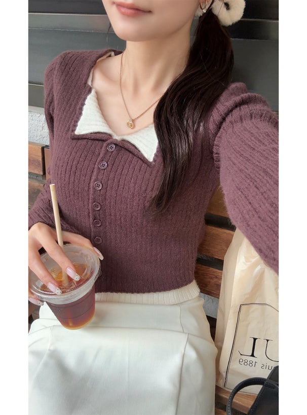 Contrast Double Collar Rib Knit Top 撞色雙層領羅紋針織上衣 [th074] — image 8