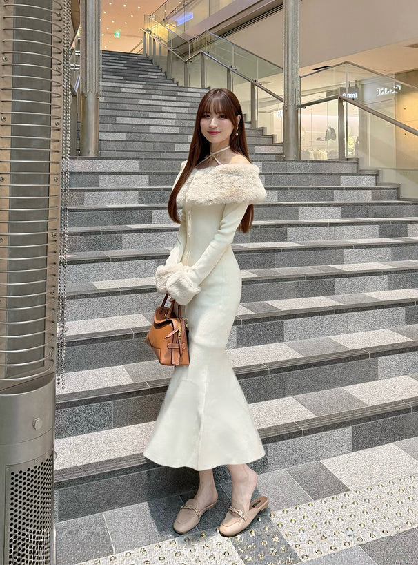 Faux Fur Trim Off-Shoulder Mermaid Knit Dress 仿毛皮拼接露肩魚尾針織連身裙 [ru1850] — 9